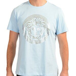 Versace Men's Blue & Silver Medusa Logo Print Short Sleeve T-Shirt US S IT 48